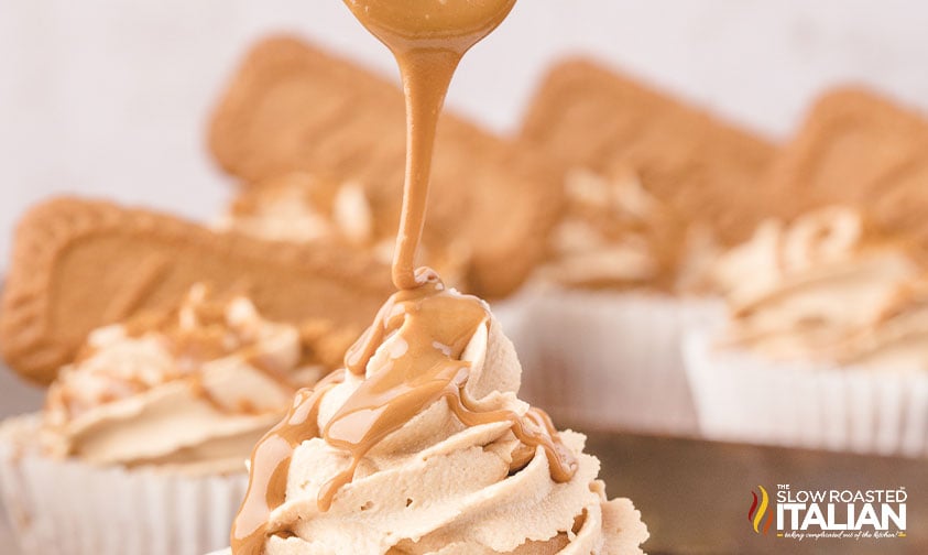 drizzle of biscoff icing on cupcake.