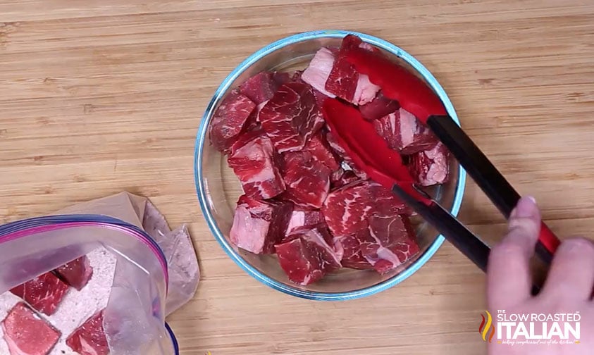 bowl of cubed beef.