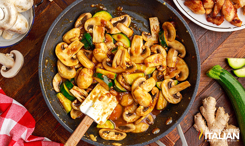 pan of panda express mushroom chicken.