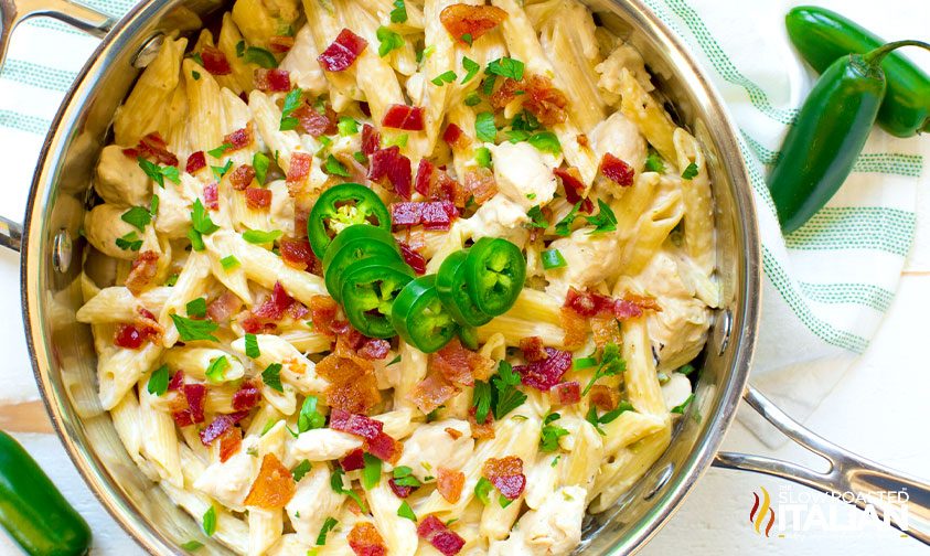 overhead shot of jalapeno popper chicken pasta