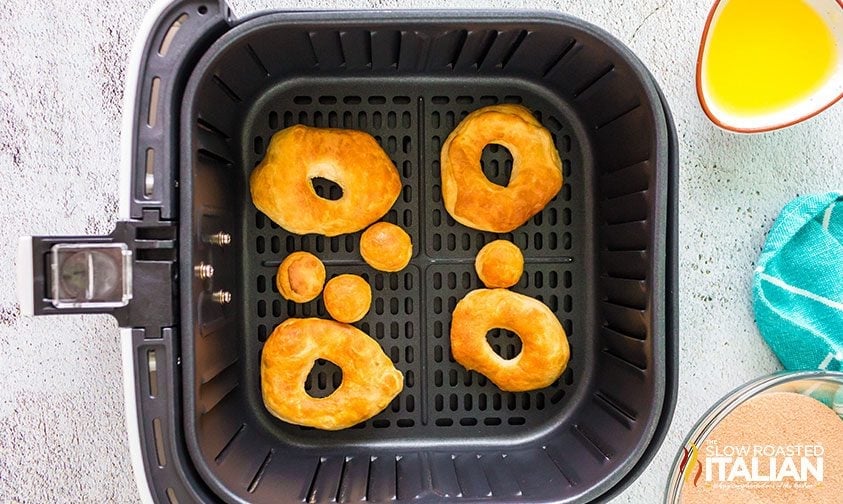 air fryer biscuit donuts in air fryer basket