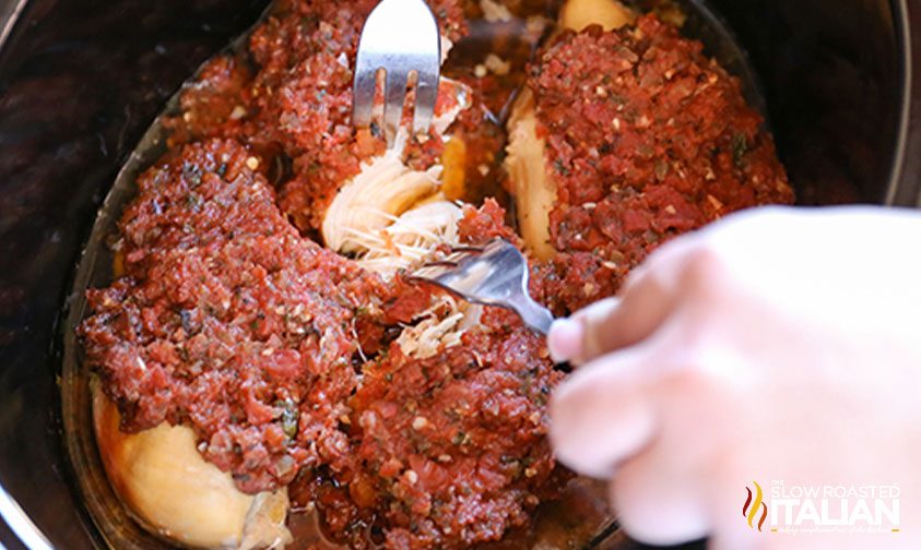 shredding salsa chicken in crockpot with two forks