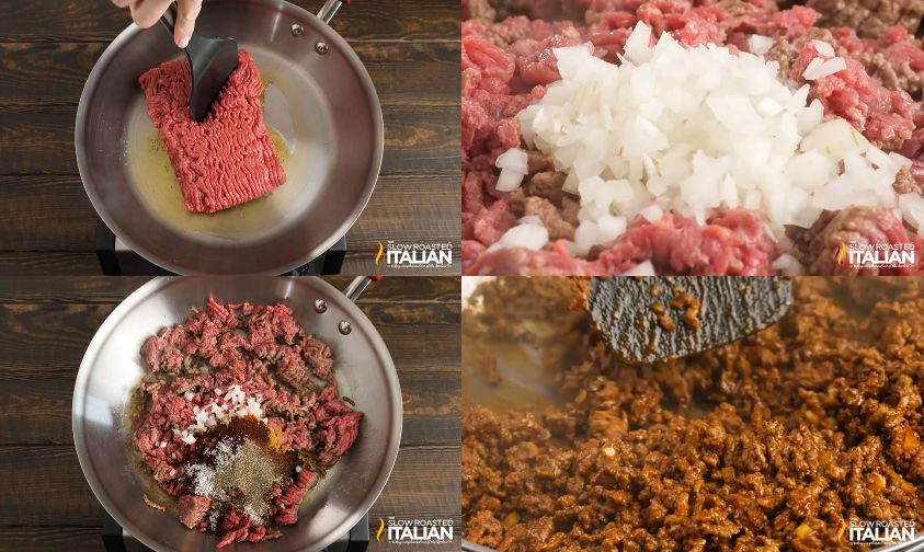 collage: browning ground beef and onions for mexican lasagna