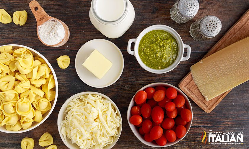 bowls of ingredients to bake tortellini pesto recipe