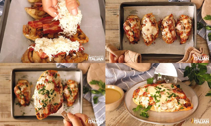 collage: adding bacon and cheese to cooked chicken, baking and serving