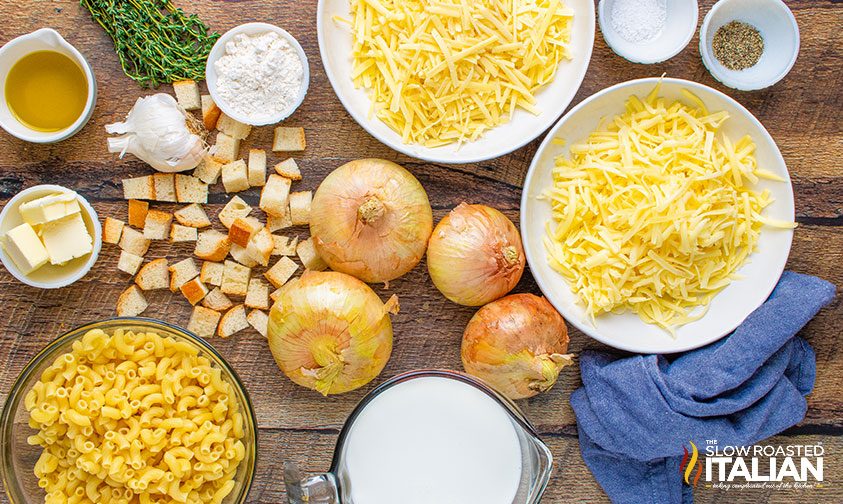 ingredients to make french onion mac and cheese