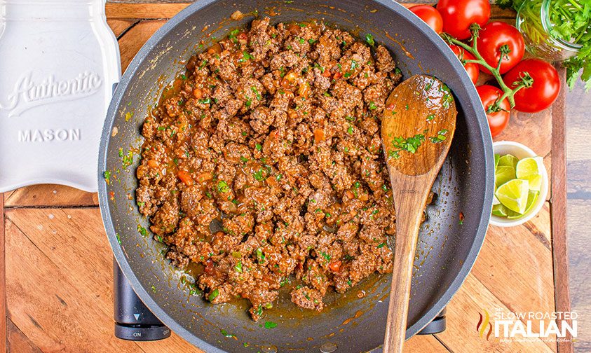 pan of seasoned ground beef for chalupas