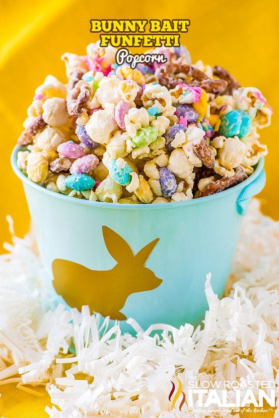 bunny bait funfetti popcorn in a blue Easter bucket