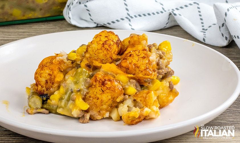 slice of cheesy tater tot casserole on a plate