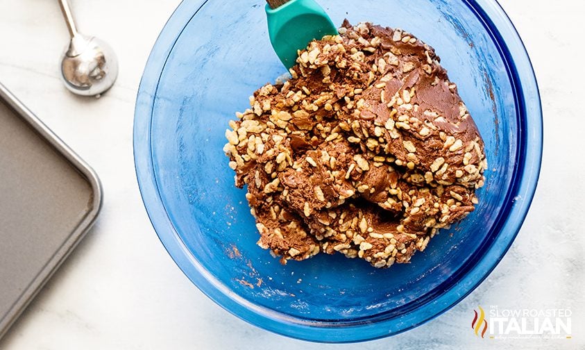 rice cereal chocolate cookie dough in a blue bowl