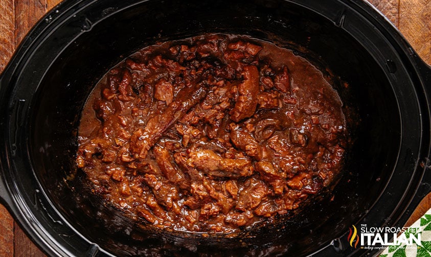 overhead of mongolian beef in crock pot