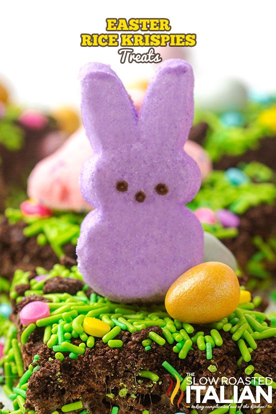 chocolate rice krispie treat topped with sprinkles and a bunny Peep