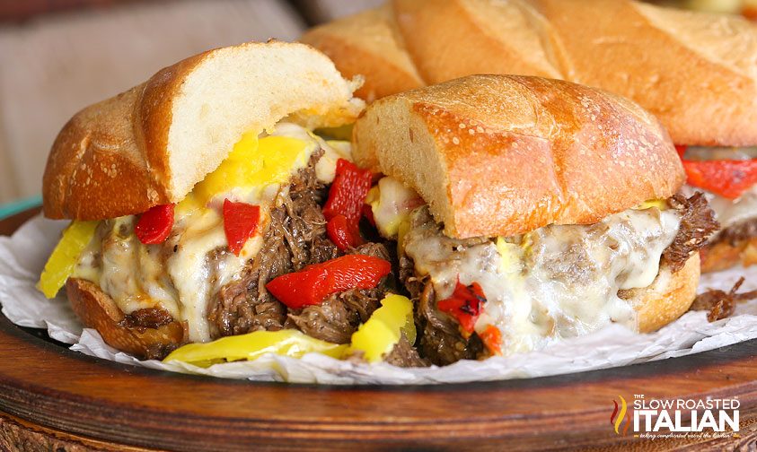 italian beef sandwich sliced in half