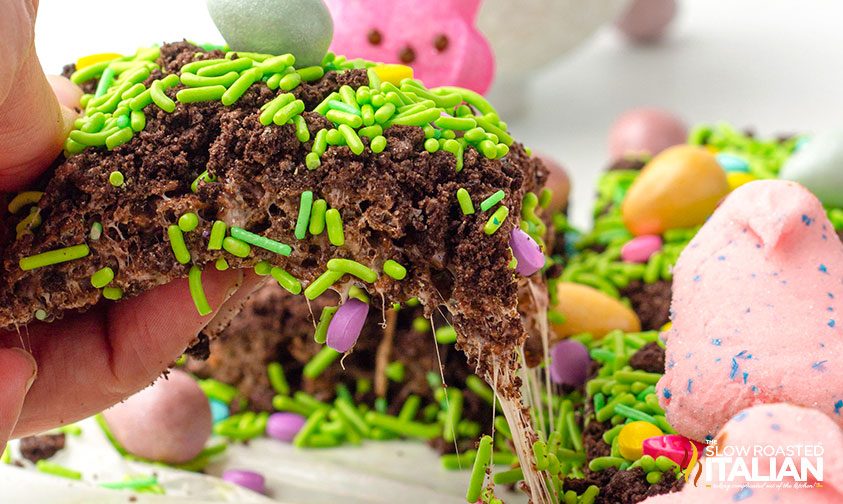 lifting a chocolate rice crispy treat topped with sprinkles
