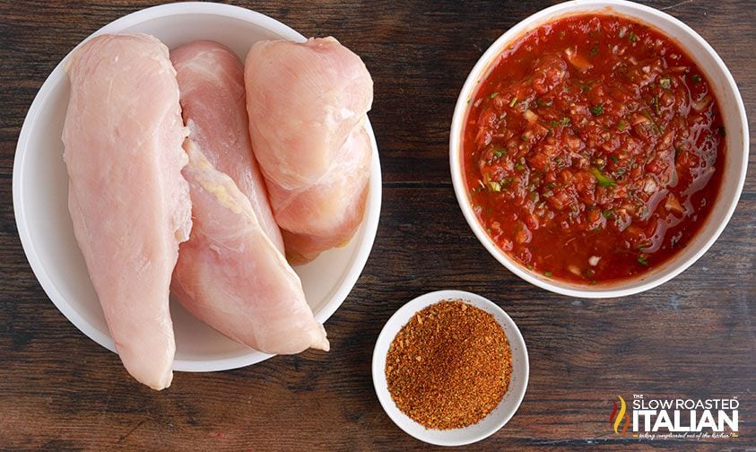 crockpot chicken tacos ingredients in bowls on counter