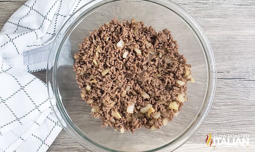 overhead: bowl of cooked ground beef with onions