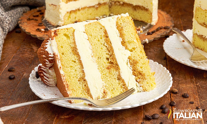 slice of tiramisu cake on its side on a plate