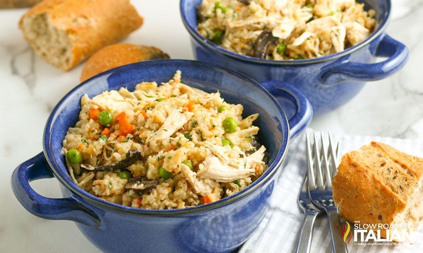 chicken and rice in blue bowls