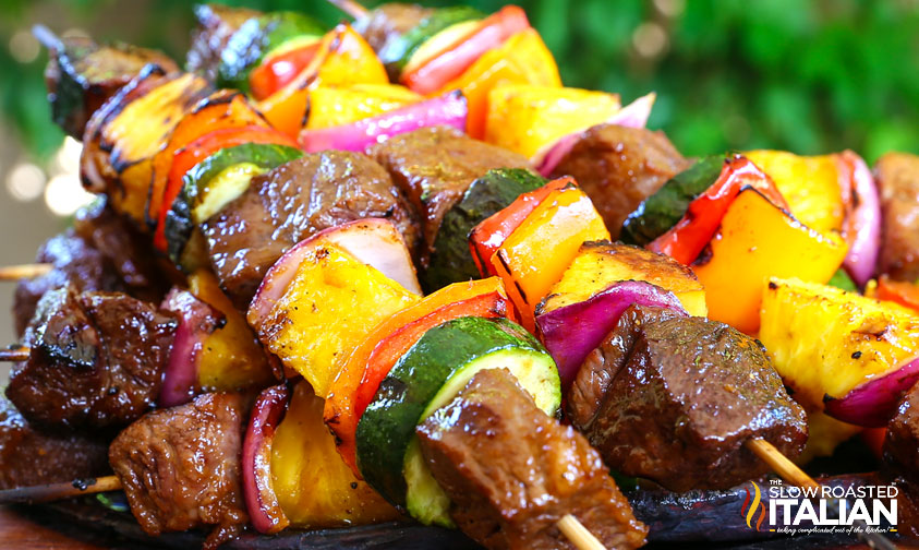 grilled steak and veggie skewers