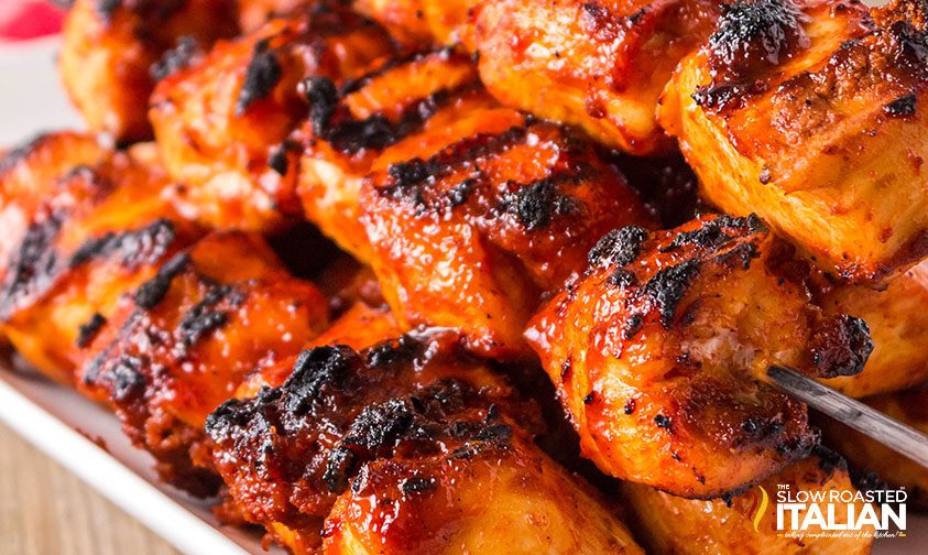 close up: stacked bbq chicken kabobs