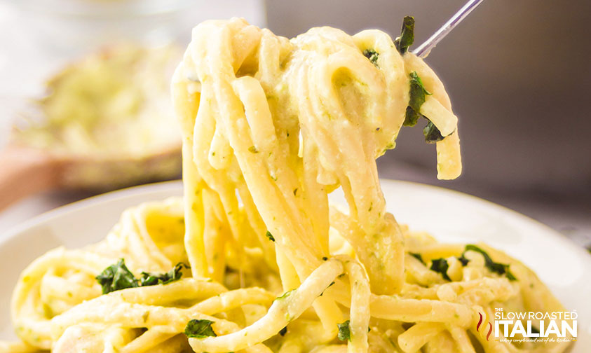 chicken pasta on fork over bowl