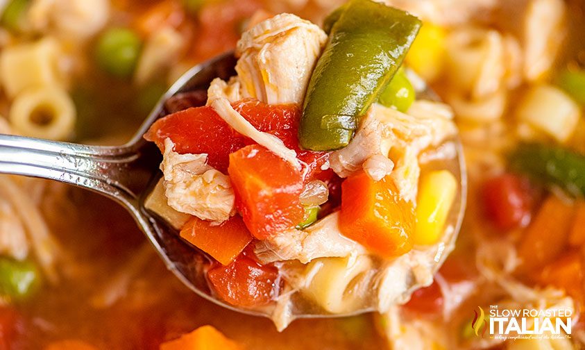 chicken vegetable soup on a spoon