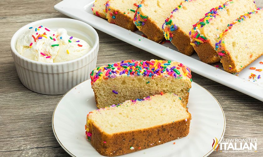 slices of dessert bread on a platter and plate with small bowl of ice cream