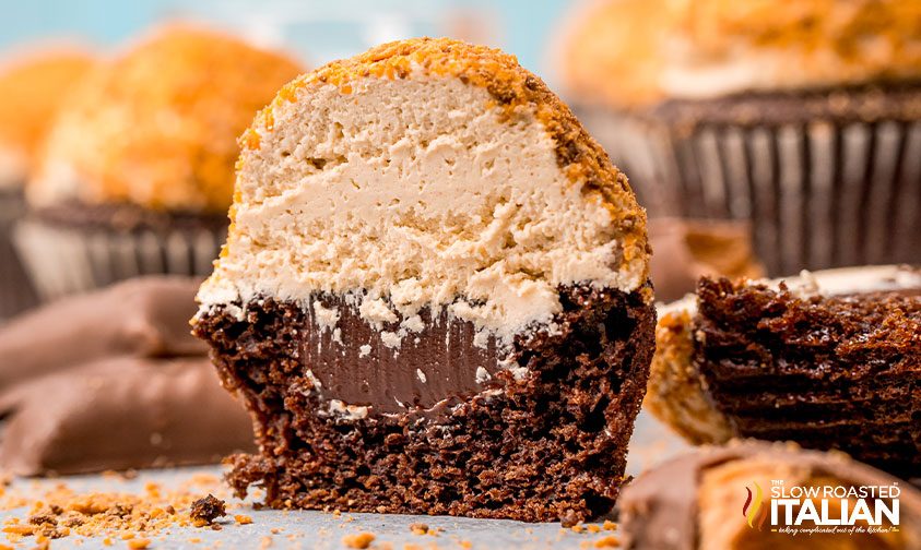 butterfinger cupcake sliced in half to show center
