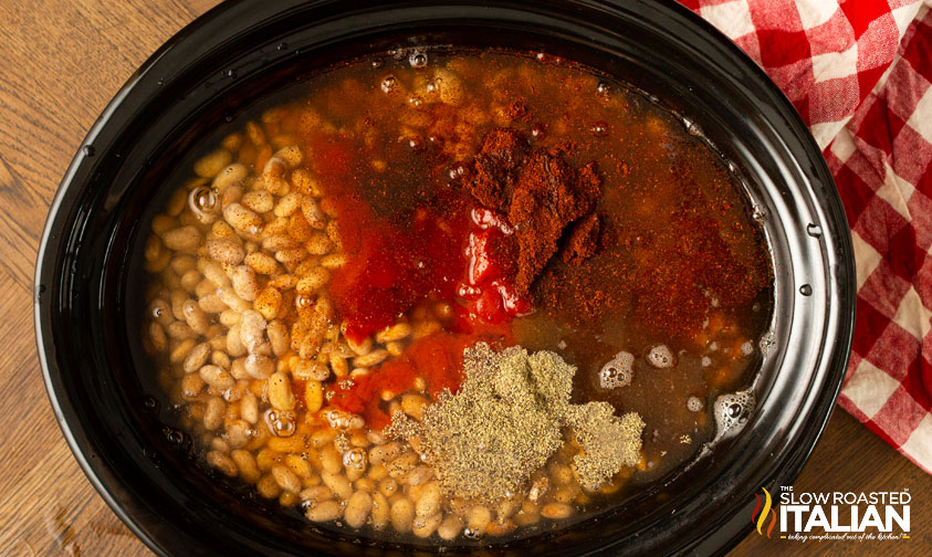 overhead: beans, broth, and sauce ingredients in crock pot