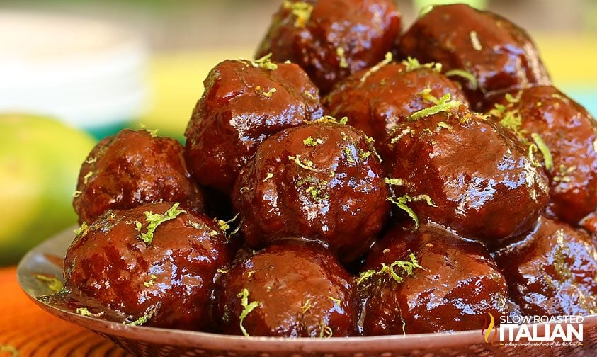 close up: honey glazed meatballs on a plate