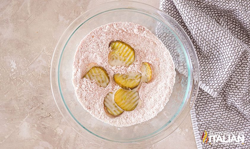 pickle chips in seasoned flour