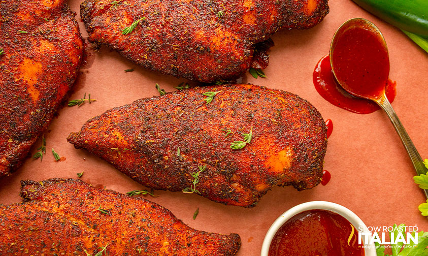 overhead: smoked chicken breasts with sauce
