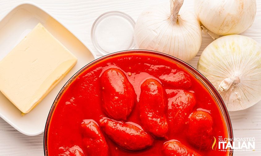 ingredients for Marcella Hazan's tomato sauce