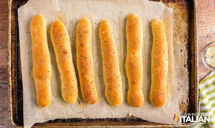 copycat olive garden breadsticks on a baking sheet