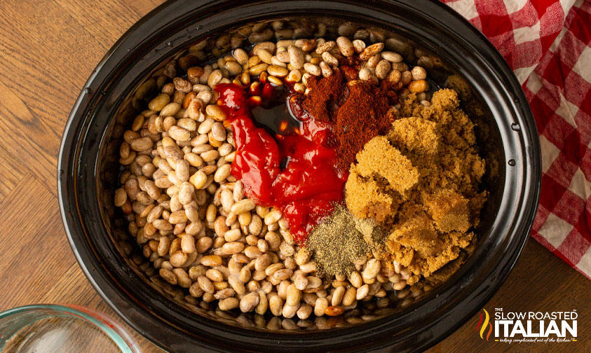 overhead: baked bean ingredients in slow cooker