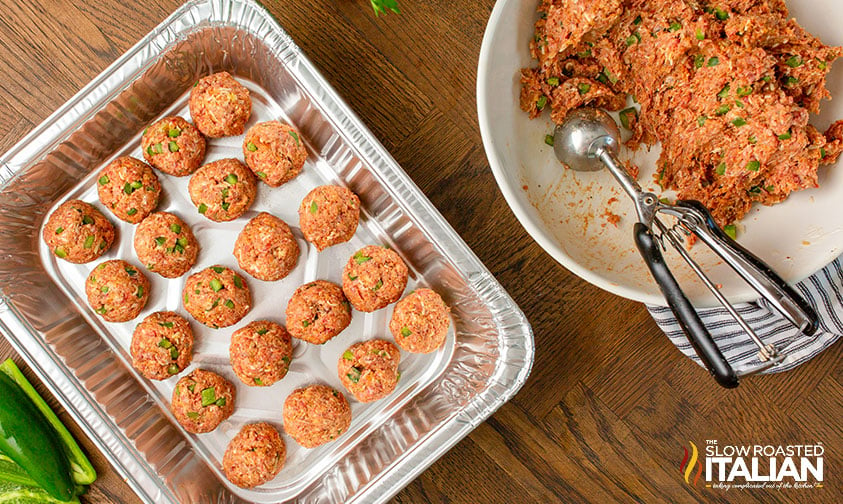 scooped meatballs in foil tray