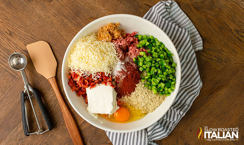 ingredients for bbq bacon meatballs in white bowl