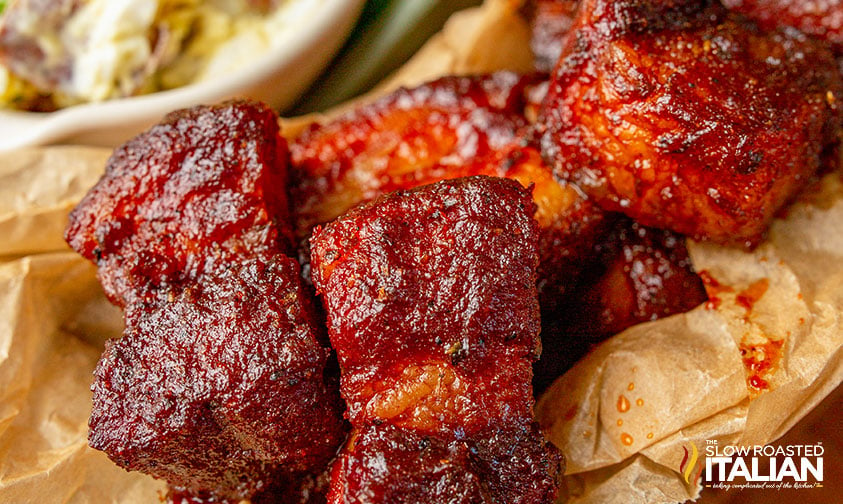 close up: smoked pork belly burnt ends