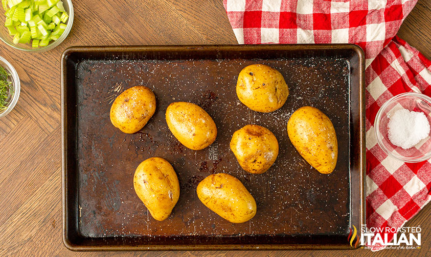 salted yukon gold potatoes on baking tray