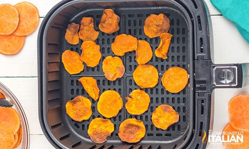 cooked sweet potato chips in air fryer basket