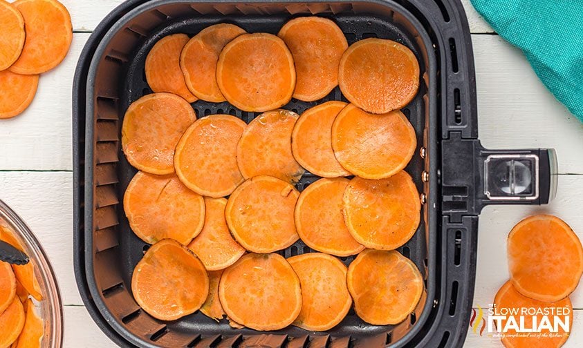 sweet potato slices in air fryer basket