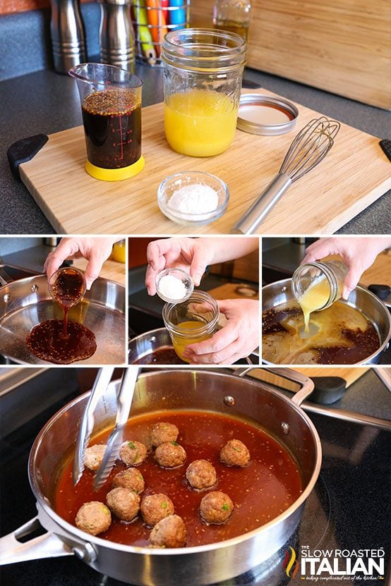 collage of steps for teriyaki meatballs recipe