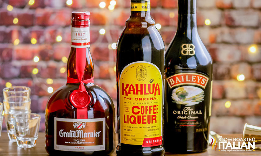 bottles of Grand Marnier, Kahlua, and Bailey's Irish Cream