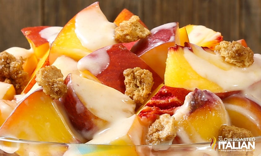 closeup of peach cobbler fruit salad