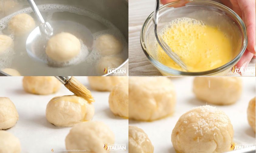 boiling and brushing egg wash on soft pretzel dough before baking