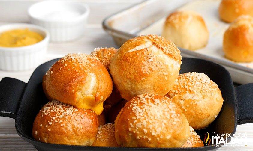 dish of baked pretzels with cheese