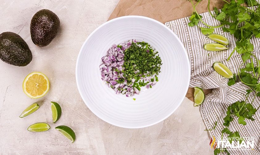 chopped red onion and cilantro in bowl surrounded by guac ingredients