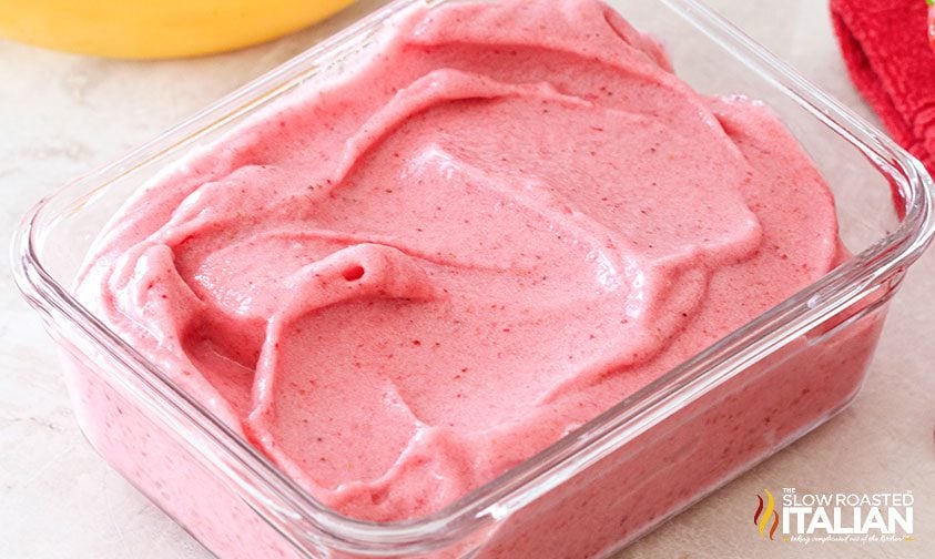 strawberry banana ice cream in glass container