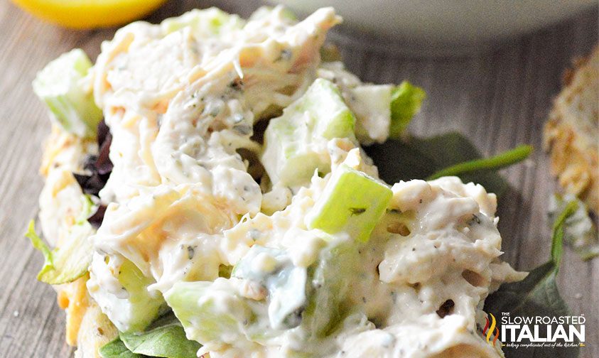 close up: lemon chicken salad with celery on bread