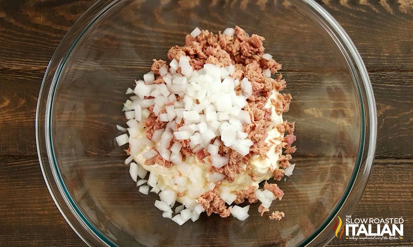 chopped onion, canned tuna, and mayo in bowl